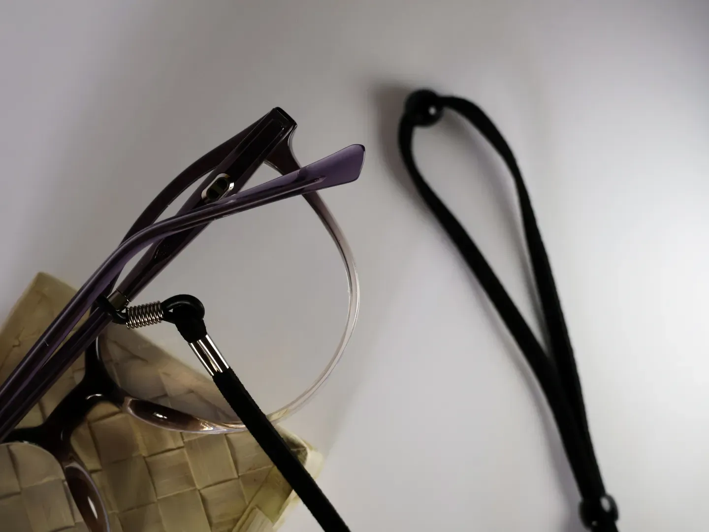Close up of lanyard cord attachment securing prescription glasses.