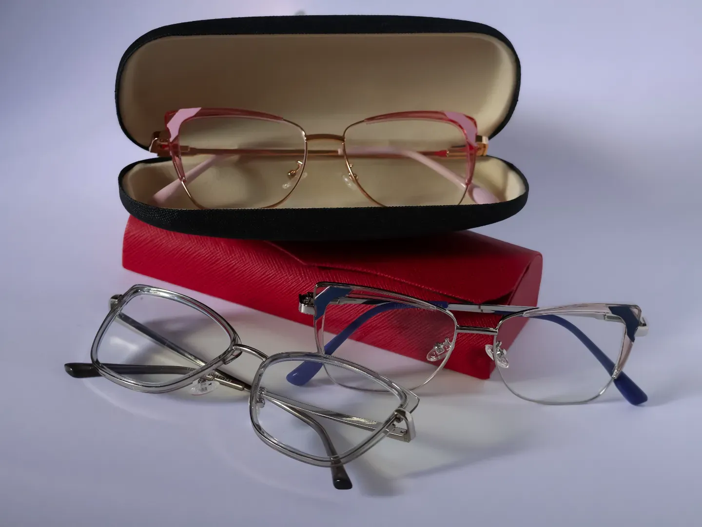 Side view of colorful composite spectacles. Durable and lightweight glasses for daily use.