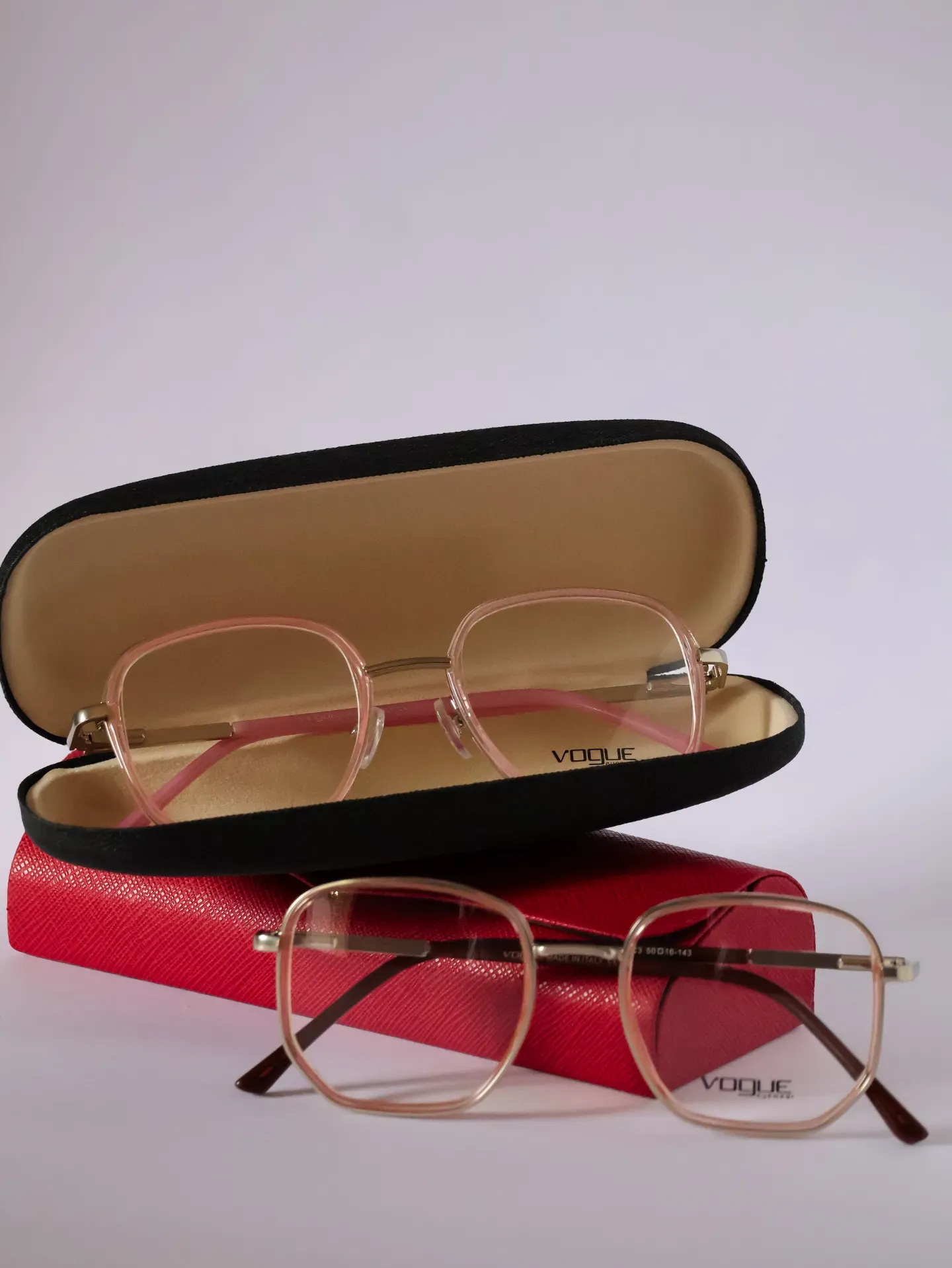 Close-up of geometric frame details. Visit our clinics for comprehensive eye health evaluations, new specs, and repairs.