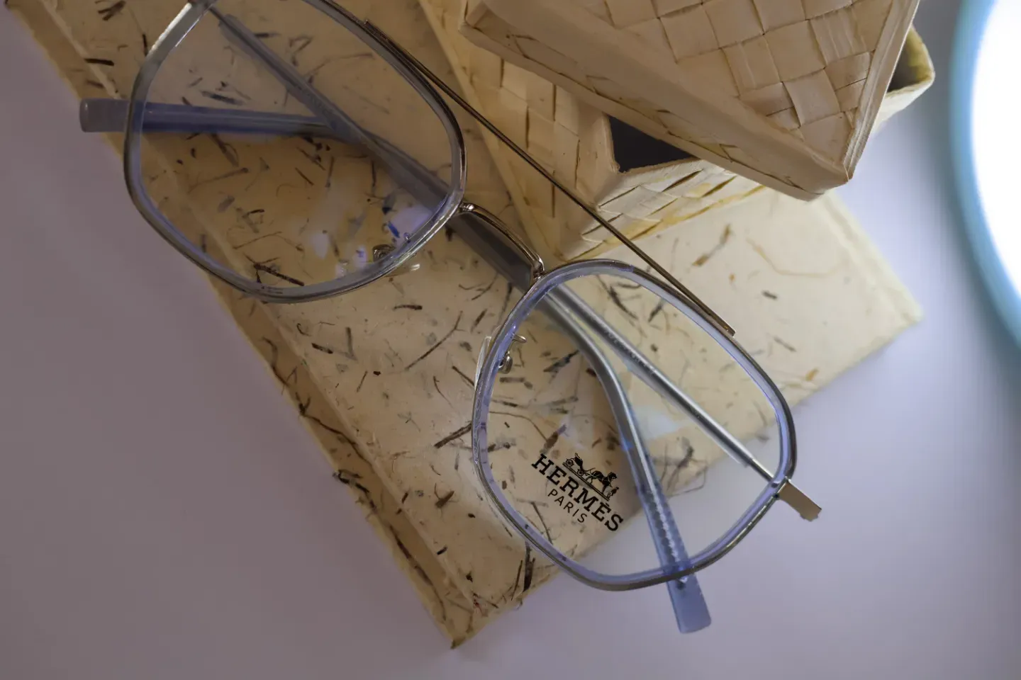 Profile view of retro double-bridge spectacles. Available with blue-light filtering lenses for computer specs.