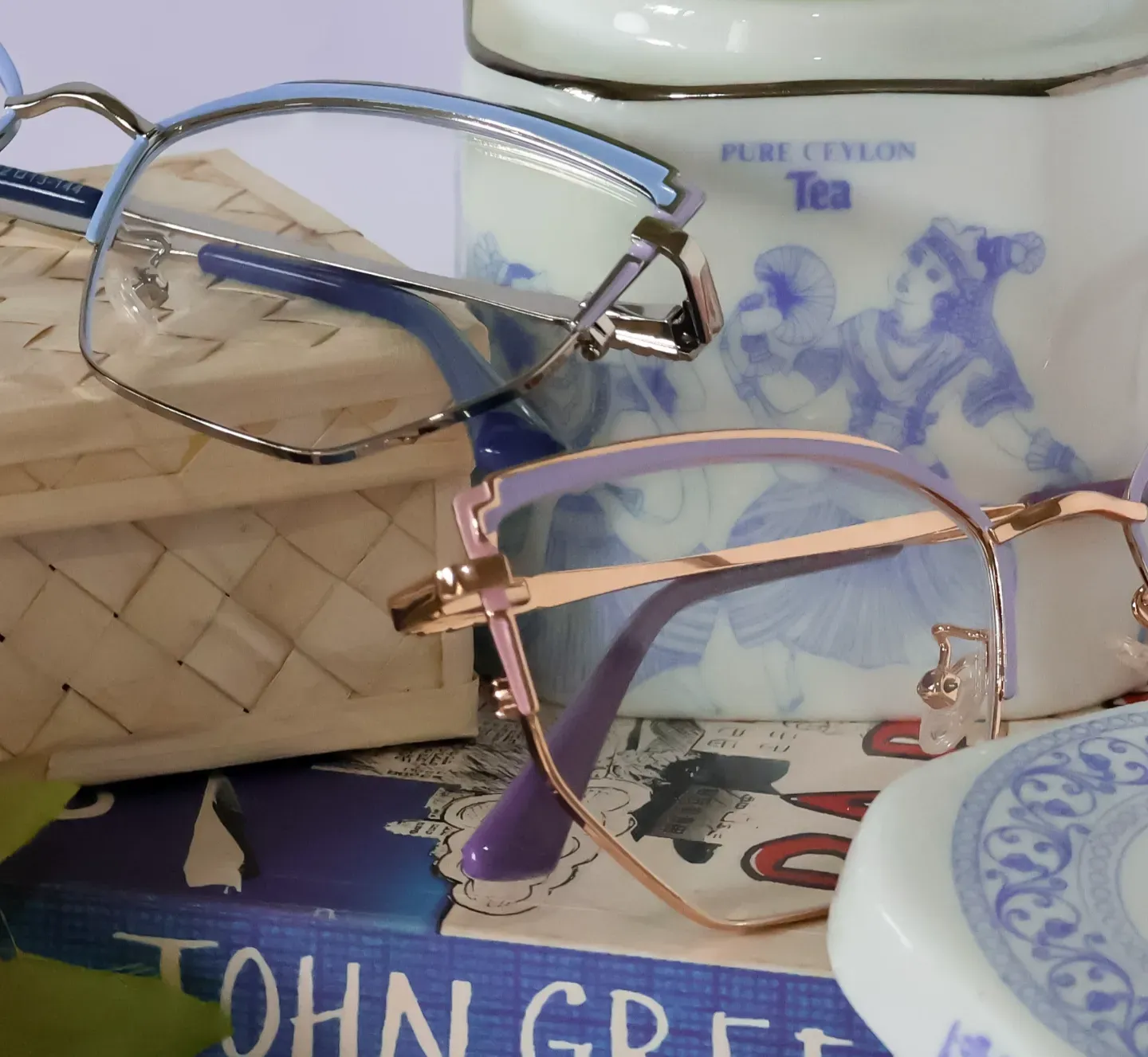 Profile view of metal cat-eye spectacles. Perfect for anti-reflective multicoated lenses and reading specs.